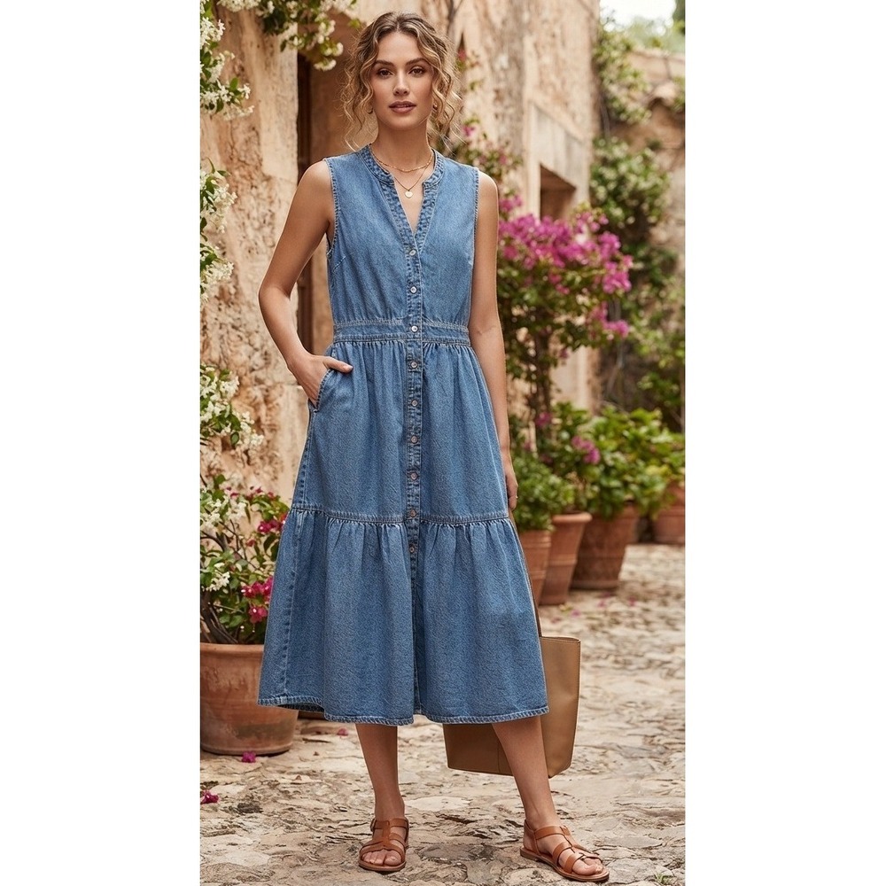 ON 34TH Tiered Button Front Sleeveless Denim Dress Size L Blue Cotton Midi Boho